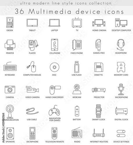 Vector Multimedia Devices ultra modern outline line icons for web and apps.