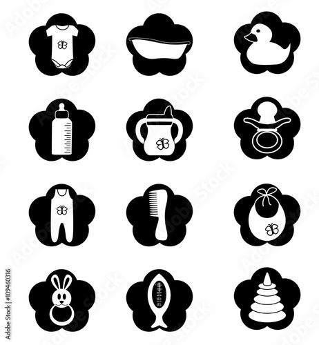 Black and white stuff for the baby isolated on a white background in the form of icons