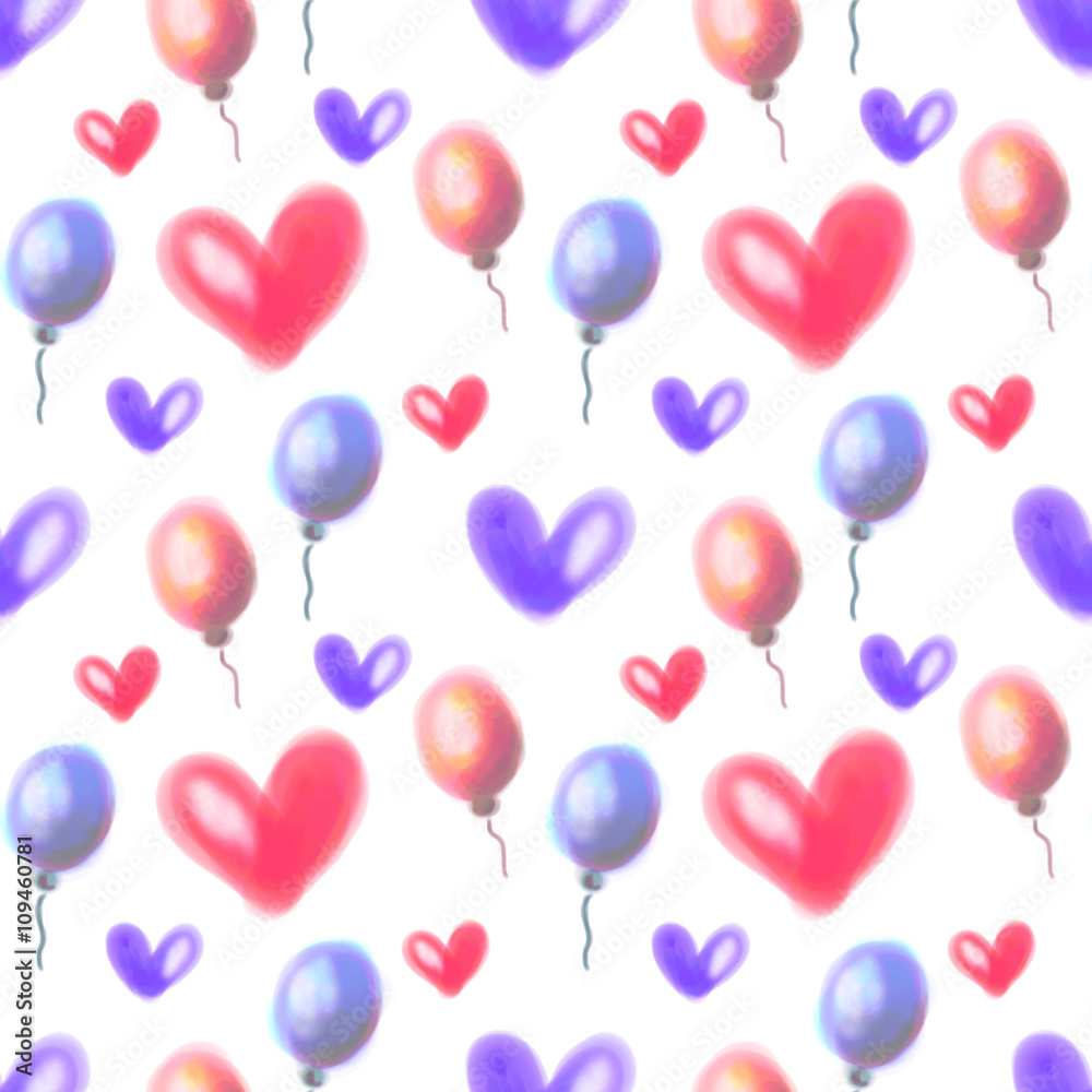 Seamless raster pattern. Watercolor background with hand drawn air ballons and hearts. Series of Watercolor Seamless Patterns, Backgrounds.