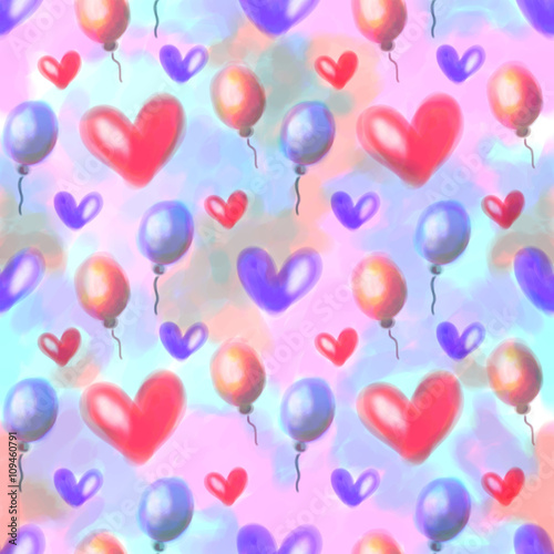 Seamless raster pattern. Watercolor background with hand drawn air ballons and hearts. Series of Watercolor Seamless Patterns  Backgrounds.
