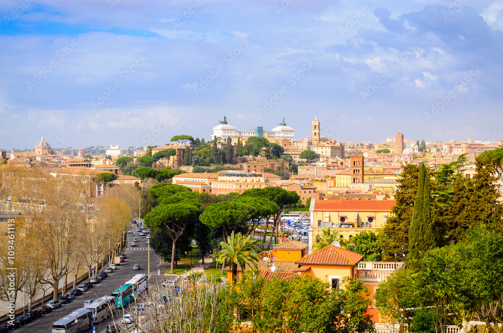 Rome panorama with monument and domes, Italy