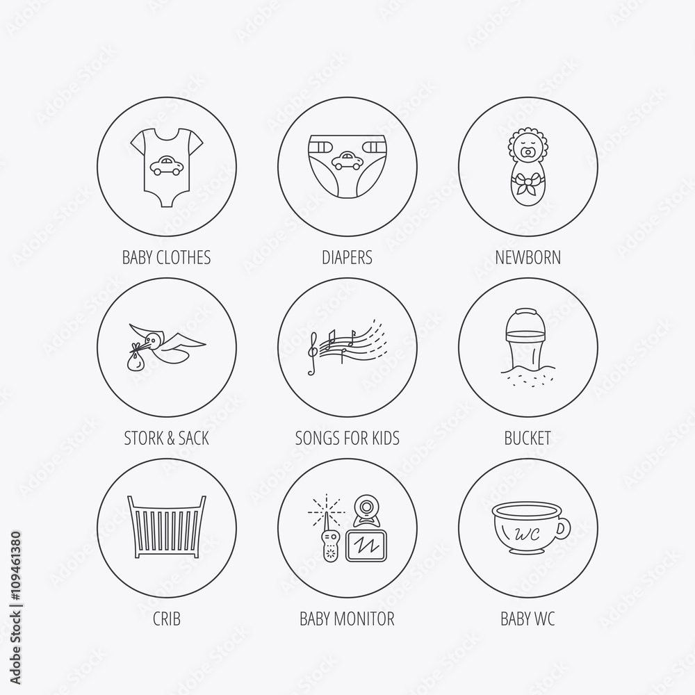 Diapers, newborn baby and clothes icons. Diapers, newborn baby and clothes icons.