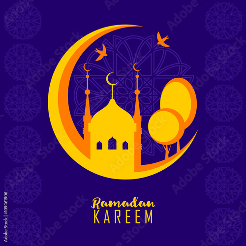 Ramadan Kareem holiday celebration beautiful greeting card background vector illustration. Crescent moon with mosque, trees, birds. Islamic celebration design. Eid Mubarak flat vector illustration