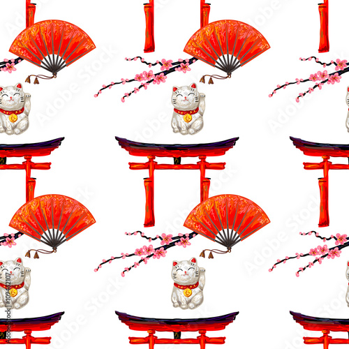 Canvas Print Seamless Japanese pattern with Torii gate, sakura cherry blossom, lucky cat, Japanese hand fan vector background