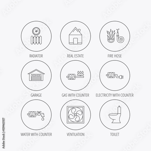 Ventilation, garage and heat radiator icons.