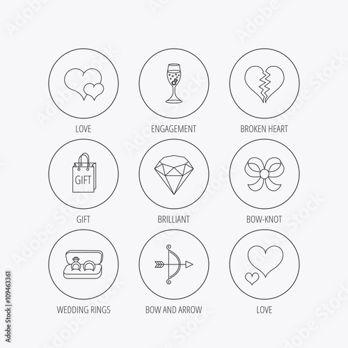 Love heart, gift box and wedding rings icons.