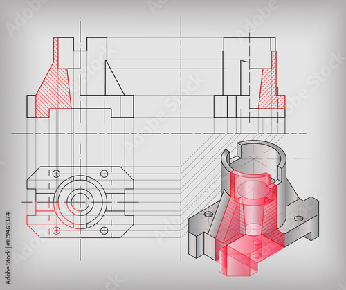 Technical vector drawing of mechanical part – 2D projections and 3D section view