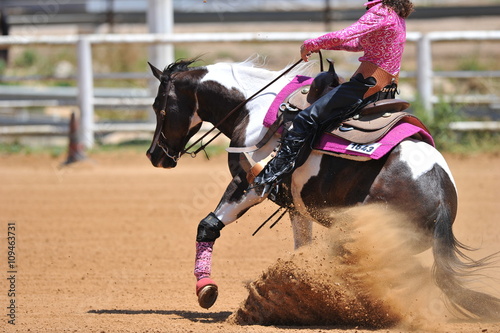 A side view of a rider and horse sliding ahead in the dust.