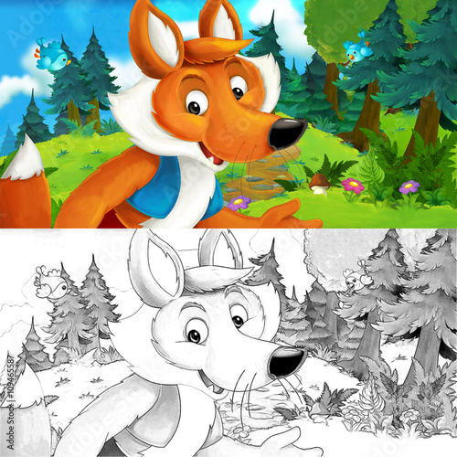 Fototapeta Naklejka Na Ścianę i Meble -  Cartoon scene of a happy fox standing and watching - with coloring page - illustration for children