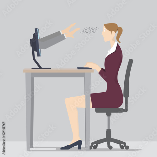 Web Hypnosis Concept. Two hands coming out of a computer screen to hypnotize a woman.