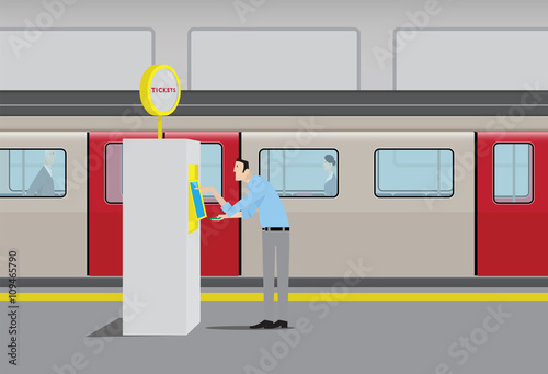 Young Man Using Automatic Ticket Machine at Subway Station