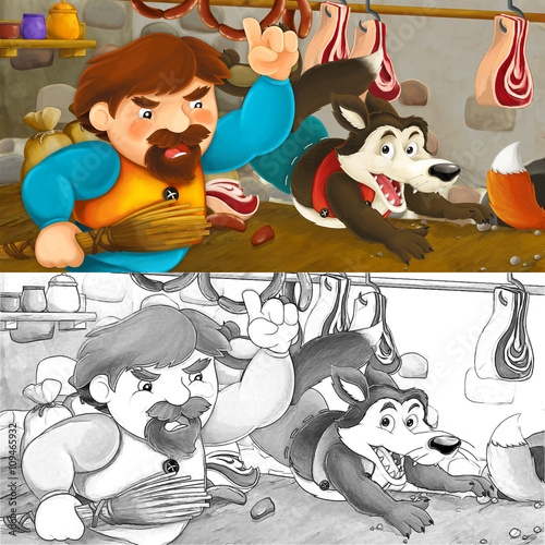 Cartoon scene of a man that caught fox and wolf stealing the food from the pantry - with coloring page - illustration for children © agaes8080