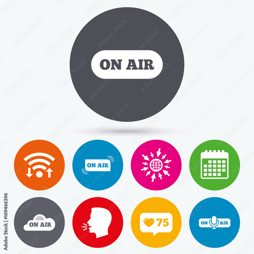 On air icons. Live stream signs. Microphone. On air icons. Live stream signs. Microphone.