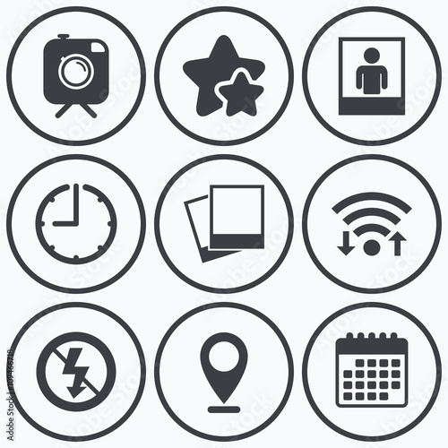 Photo camera icon. No flash light sign.