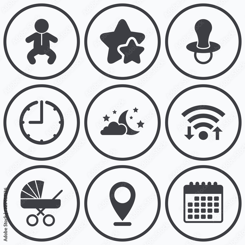 Moon and stars. Baby infant icon. Buggy, dummy. Moon and stars. Baby infant icon. Buggy, dummy.