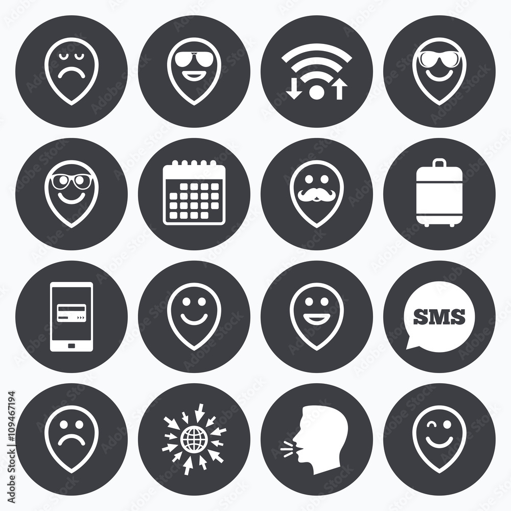 Smile icons. Sunglasses, mustache and laughing. Smile icons. Sunglasses, mustache and laughing.