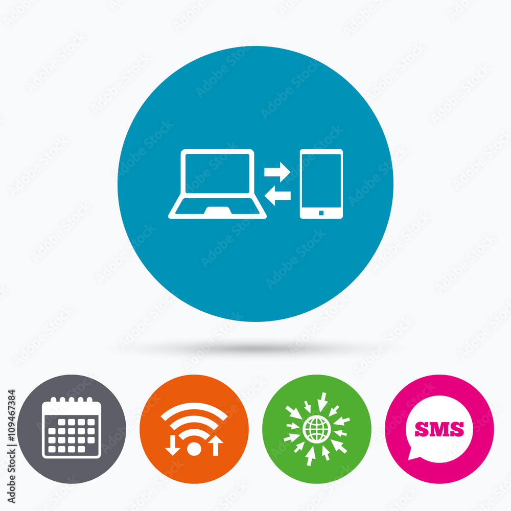 Synchronization icon. Notebook with smartphone. Synchronization icon. Notebook with smartphone.