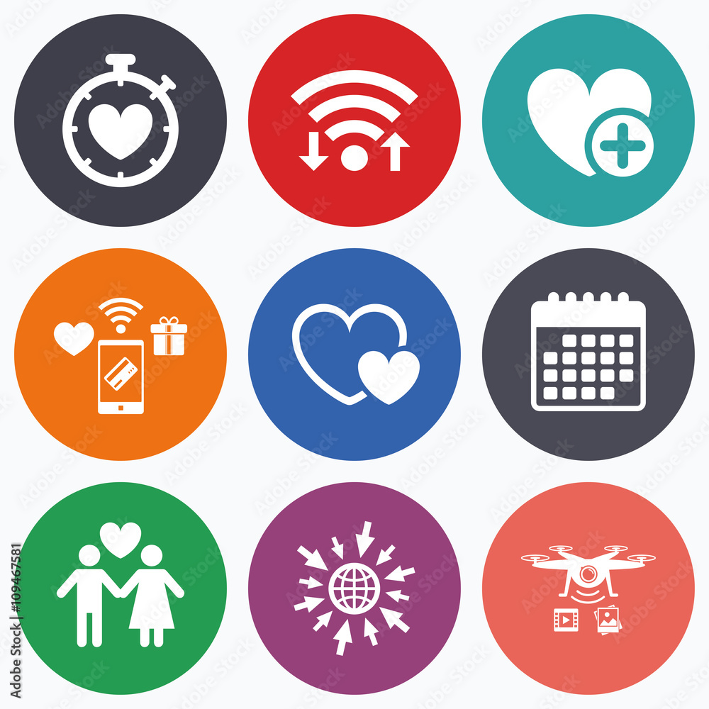 Valentine day icons. Love heart timer sign.