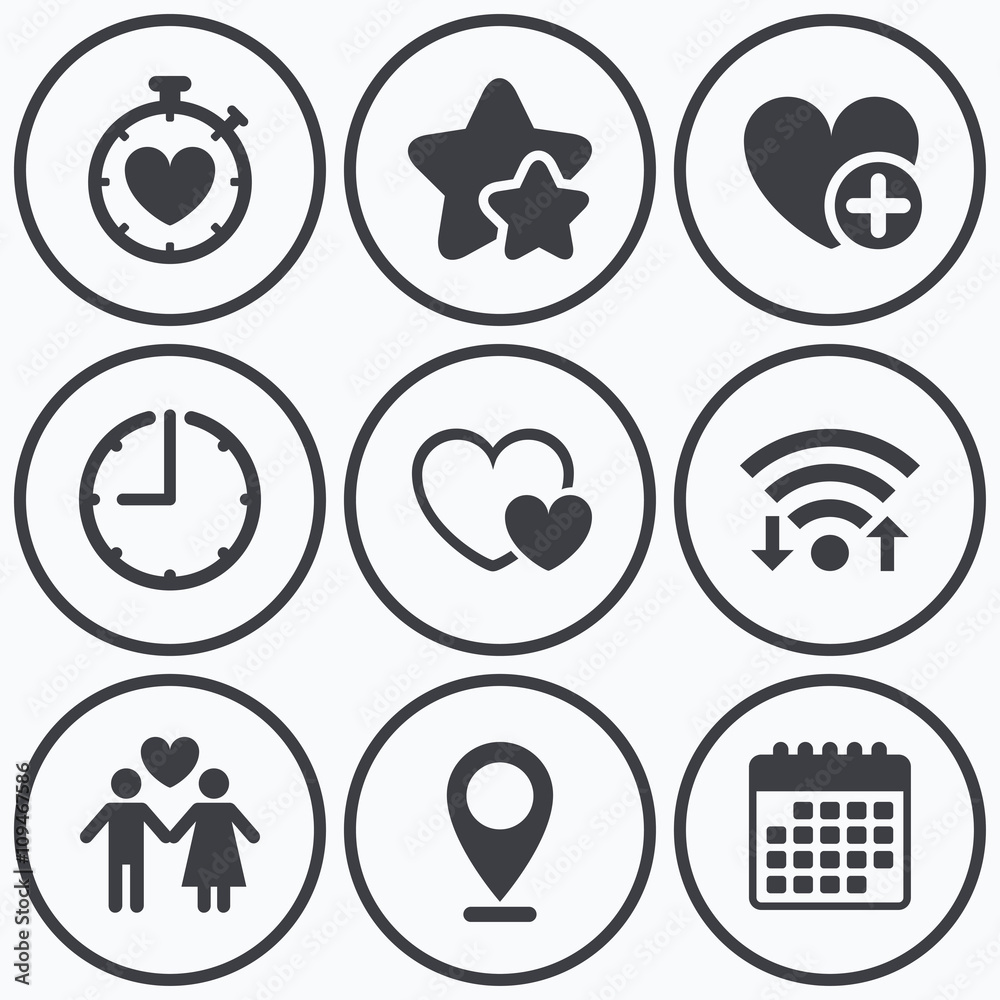 Valentine day icons. Love heart timer sign. Valentine day icons. Love heart timer sign.