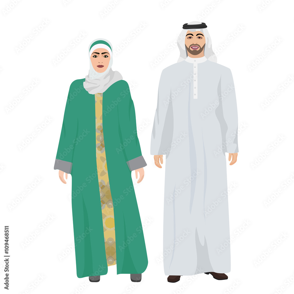 Arabic man male and woman female together in traditional national clothes dress costume.