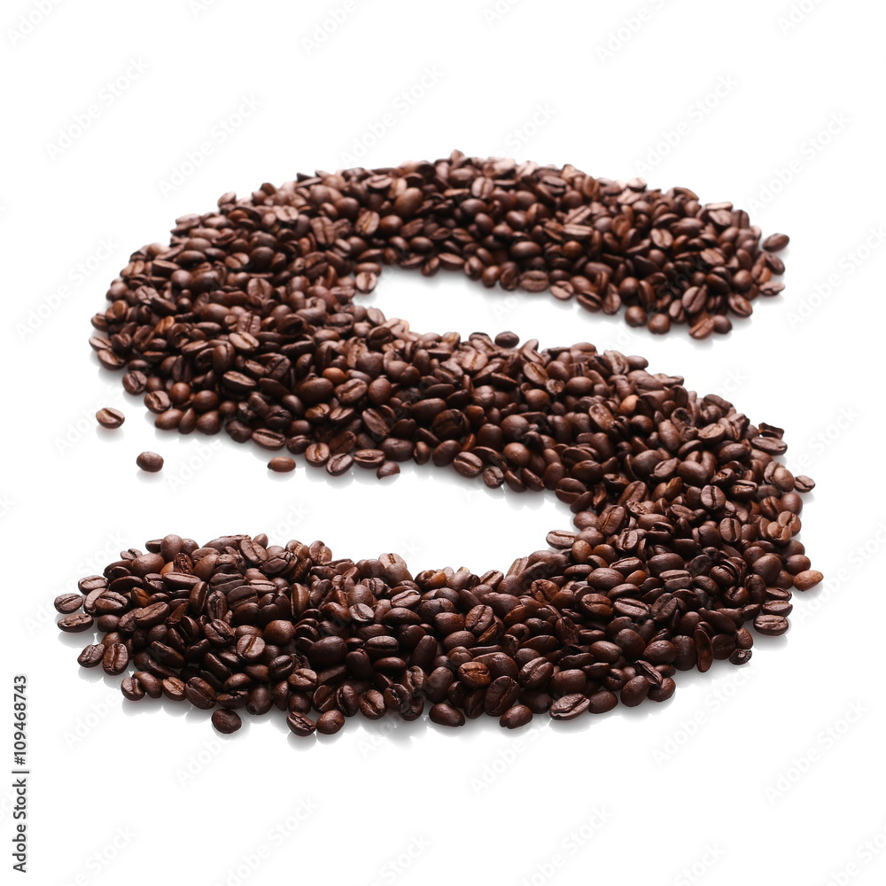 letter s, alphabet from coffee beans isolated on white background letter s, alphabet from coffee beans isolated on white background