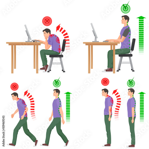 Correct and uncorrect bad sitting and walking position. Walking man. Sitting man. Back pain feeling and spinal injuries.