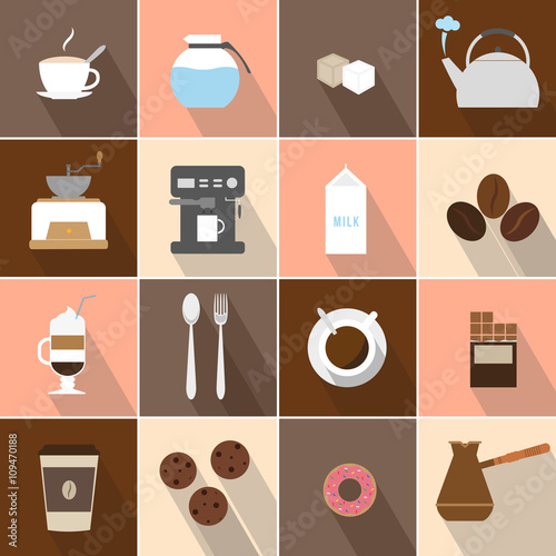 Flat design coffee icons set. Flat illustrations of icons on coffee subjects. Coffee preparation, icons collection. Having a snack or break, breakfast