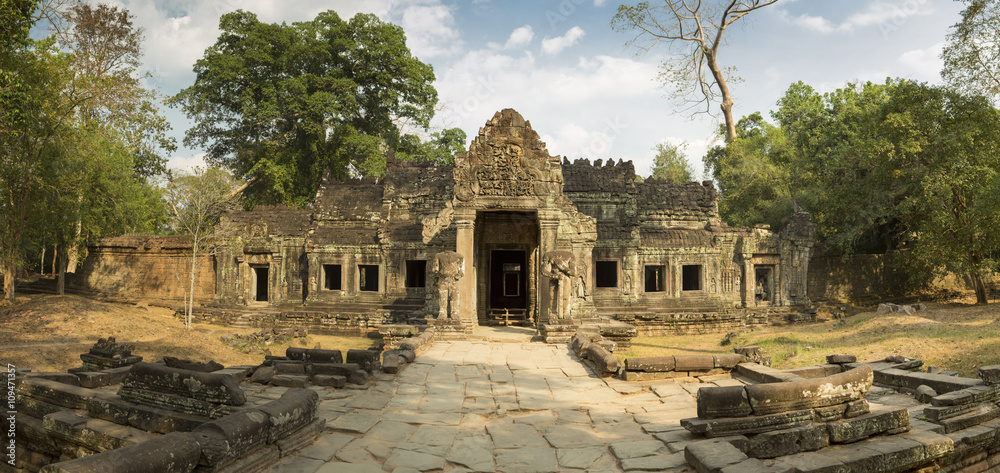 Preah Khan temple with trees, UNESCO Heritage site in Cambodia.