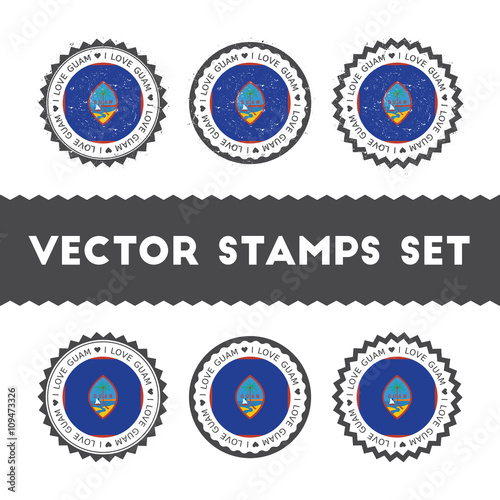 I Love Guam vector stamps set. Retro patriotic country flag badges. National flags vintage round signs.