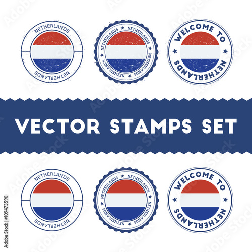 Dutch flag rubber stamps set. National flags grunge stamps. Country round badges collection.