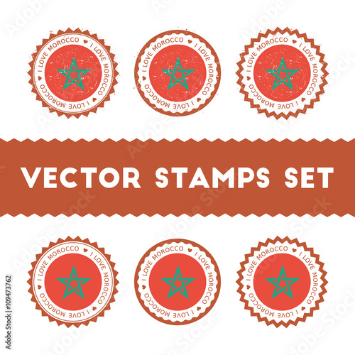 I Love Morocco vector stamps set. Retro patriotic country flag badges. National flags vintage round signs.