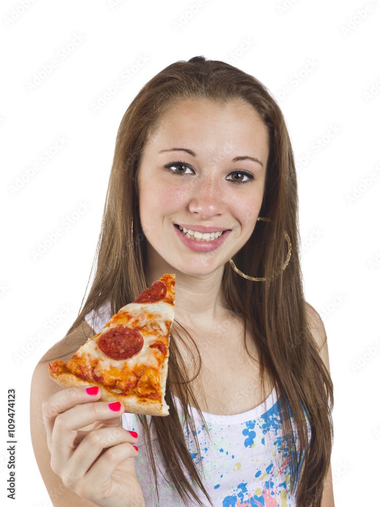 portrait of smiling teenage girl holding a slice of pizza. portrait of smiling teenage girl holding a slice of pizza.