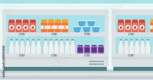 Supermarket shelves with dairy products.