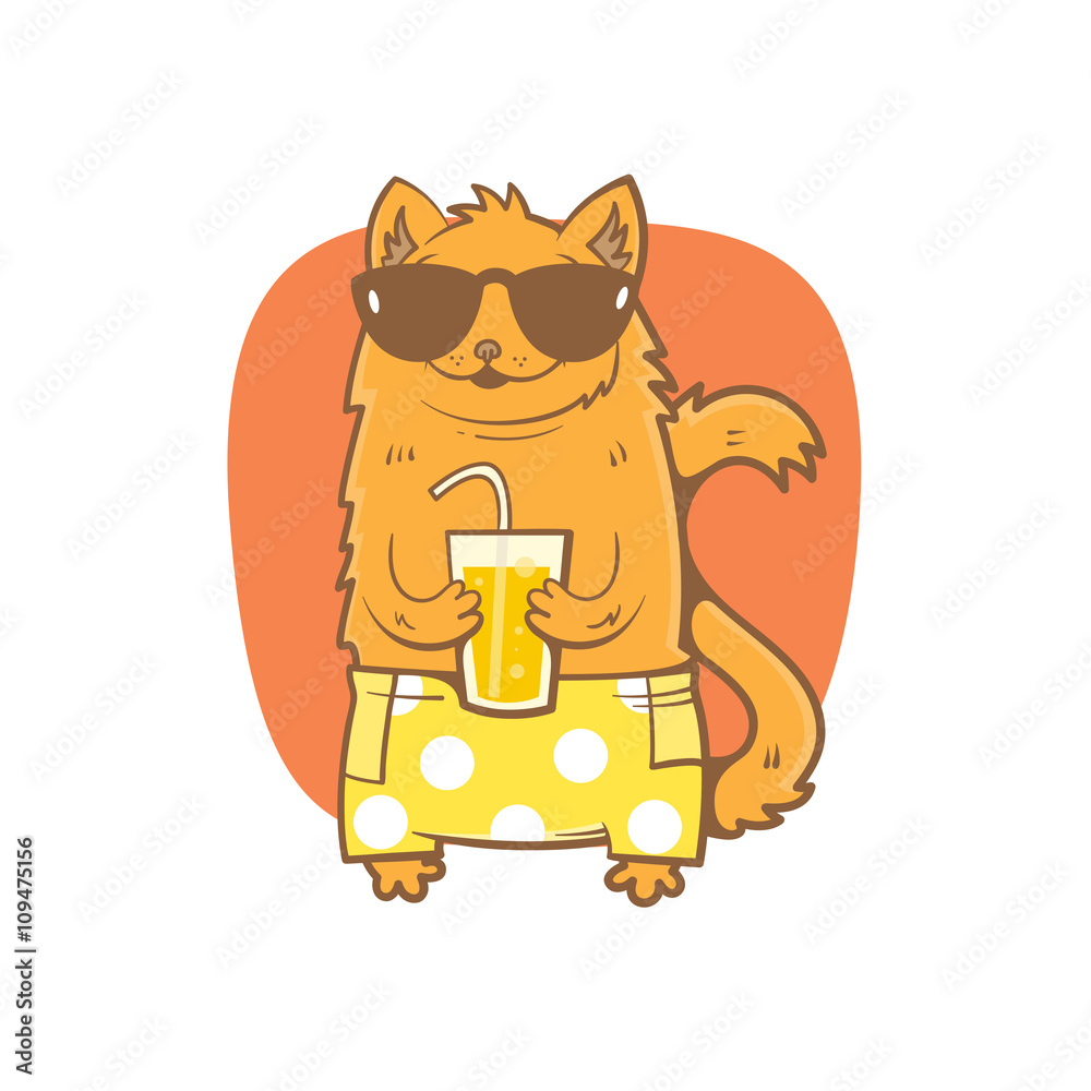 Card with cute cartoon cat in sunglasses and shorts. Cat drinking soda from  a glass. Children's illustration. Vector image. Stock Vector | Adobe Stock