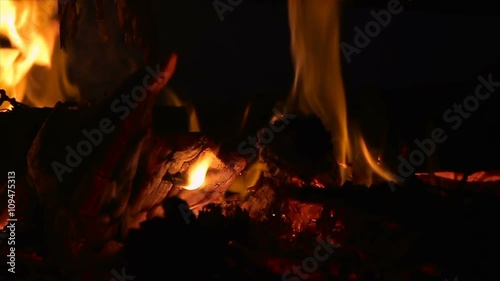 Closeup of campfire with burning log wood and twigs at night - Slow motion.