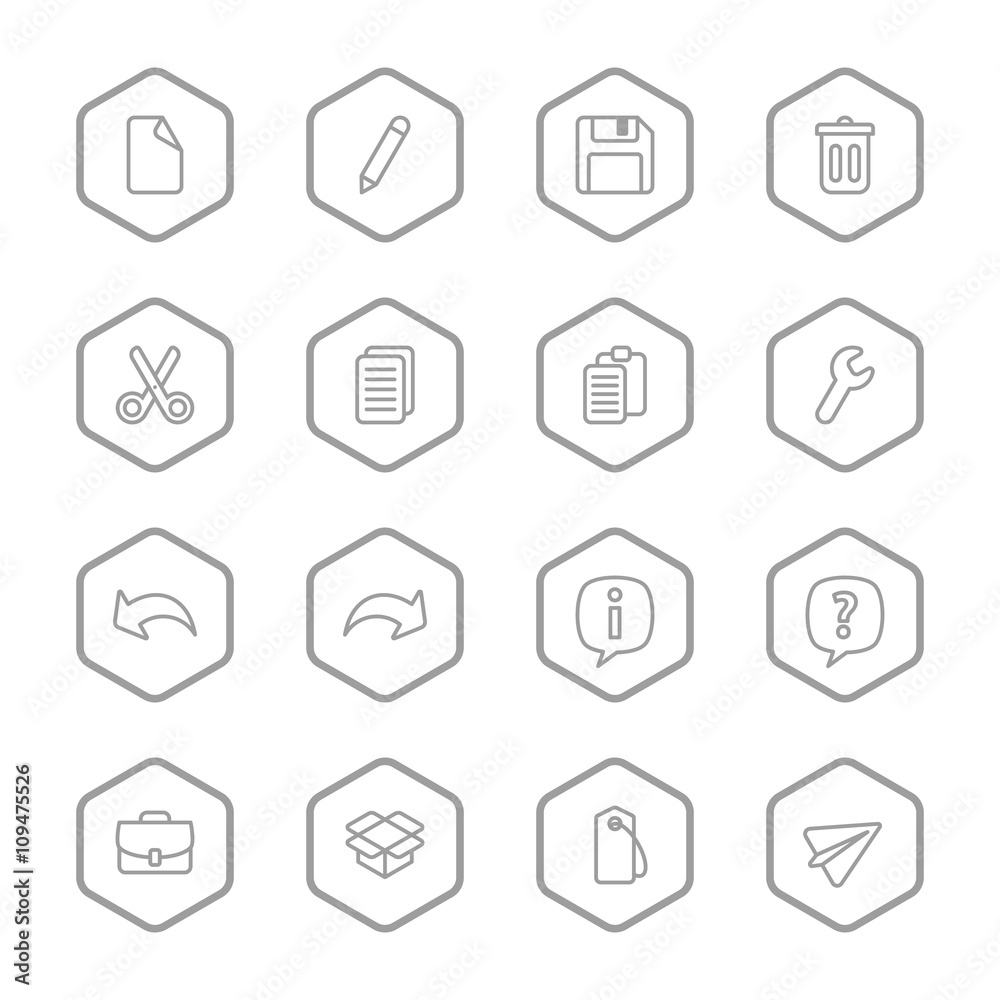 gray line web icon set with hexagon frame for web design, user interface (UI), infographic and mobile application (apps) gray line web icon set with hexagon frame for web design, user interface (UI), infographic and mobile application (apps)