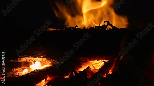 Closeup of campfire with burning log wood and twigs at night - Slow motion.