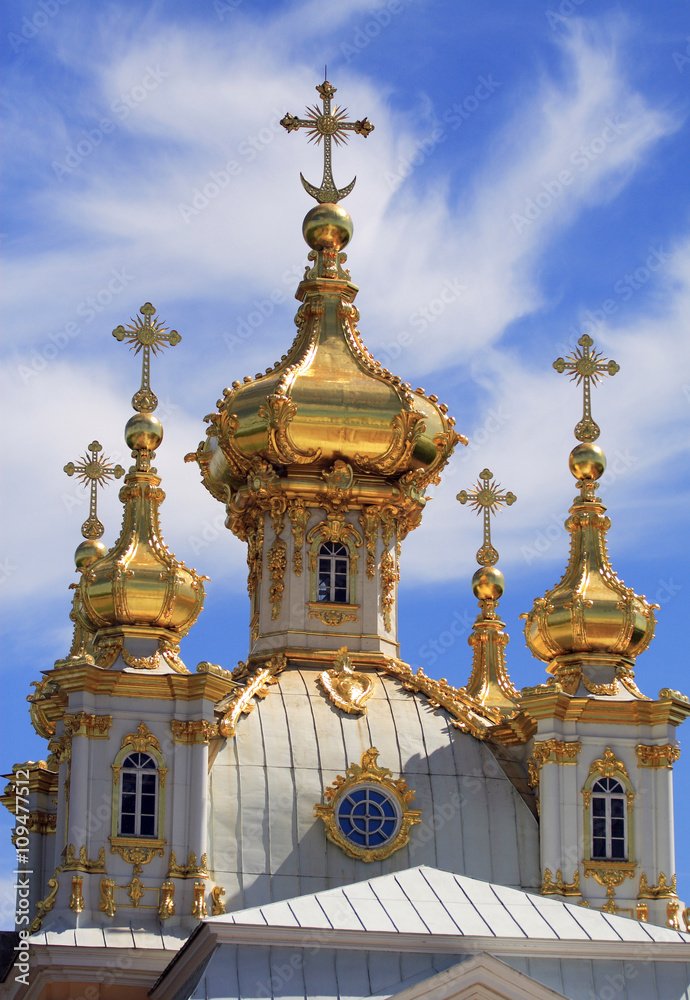 Orthodox church, Christianity,golden domes and crosses , blue sky background