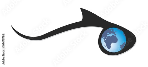 Logo of fish with globe.