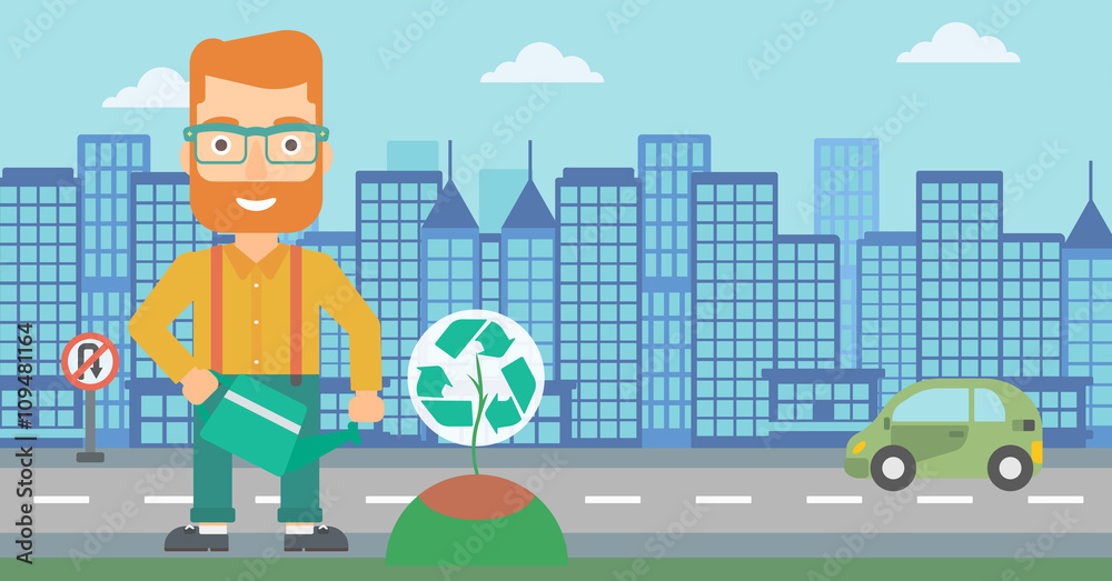 Man watering tree with recycle sign instead of crown. Man watering tree with recycle sign instead of crown.