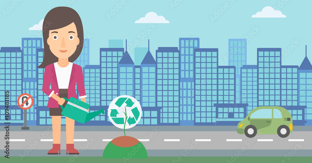Woman watering tree with recycle sign instead of crown. Woman watering tree with recycle sign instead of crown.