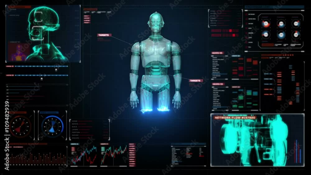 Scanning rotating 3D robot body in digital interface. display.