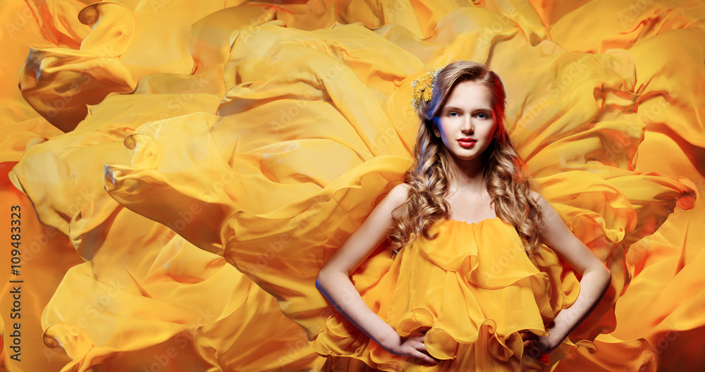 Fashion Model Young Woman, Girl Waving Fabric, yellow dress Fashion Model Young Woman, Girl Waving Fabric, yellow dress