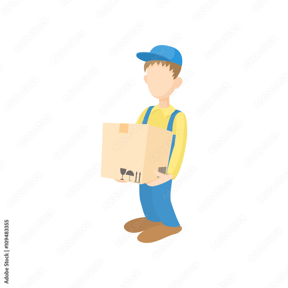 Delivery man holding and carrying cardbox icon Delivery man holding and carrying cardbox icon