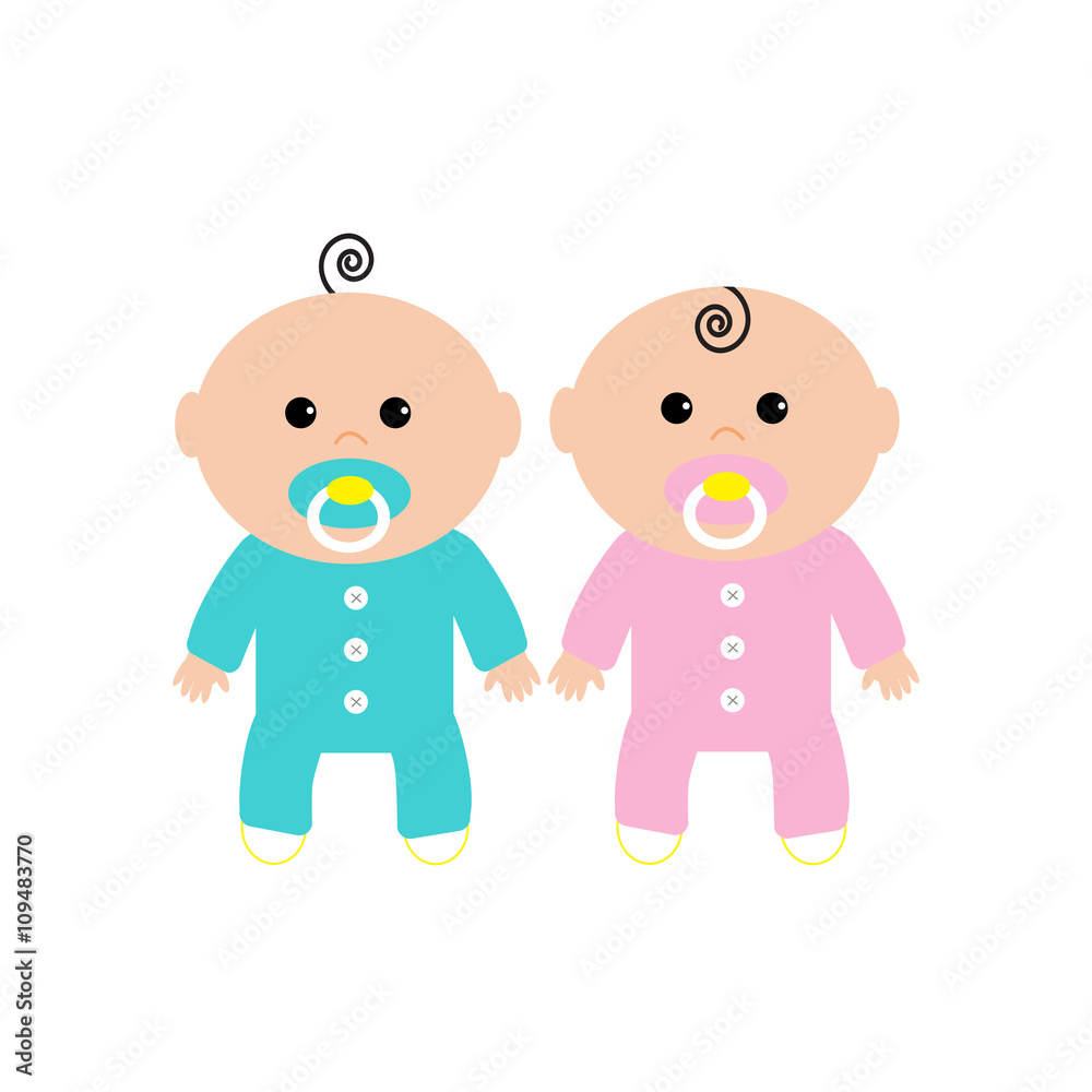 Twins Two cute twin babies on white background. Baby girl and a baby boy. Funny character set. Isolated. Flat design Twins Two cute twin babies on white background. Baby girl and a baby boy. Funny character set. Isolated. Flat design