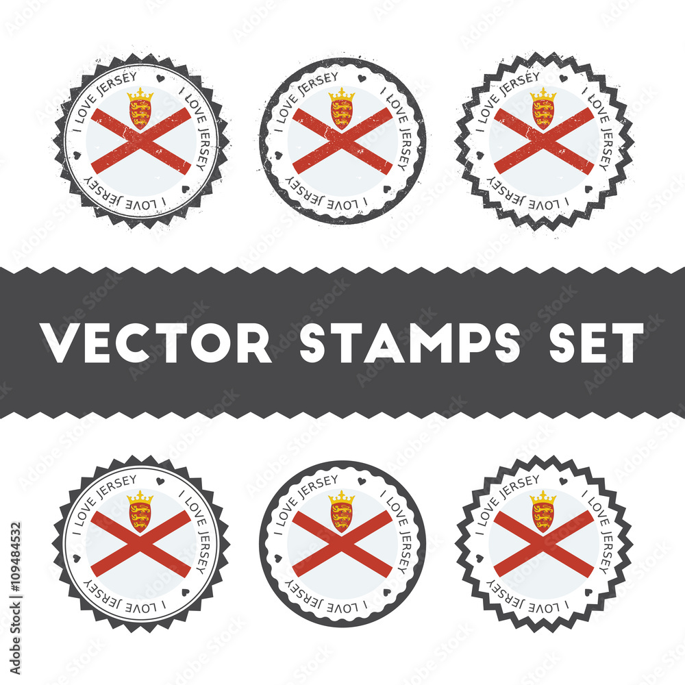 I Love Jersey vector stamps set. Retro patriotic country flag badges. National flags vintage round signs. I Love Jersey vector stamps set. Retro patriotic country flag badges. National flags vintage round signs.