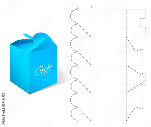 Gift Paper Box with Blueprint Template. Illustration of Gift craft Box for Design. Mockup Box Template. Retail Box with Blueprint Template. Cardboard Box with DIe-cut Pattern .