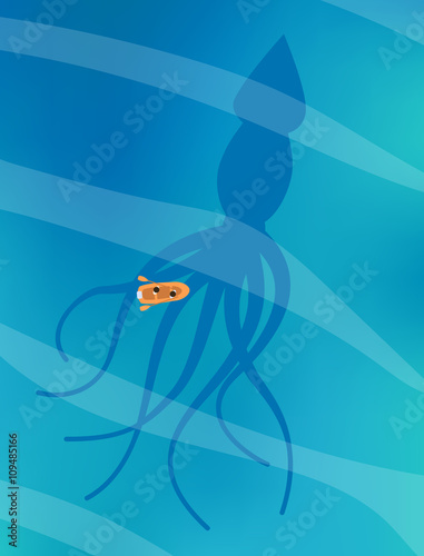 Small boat swimming above giant squid top view