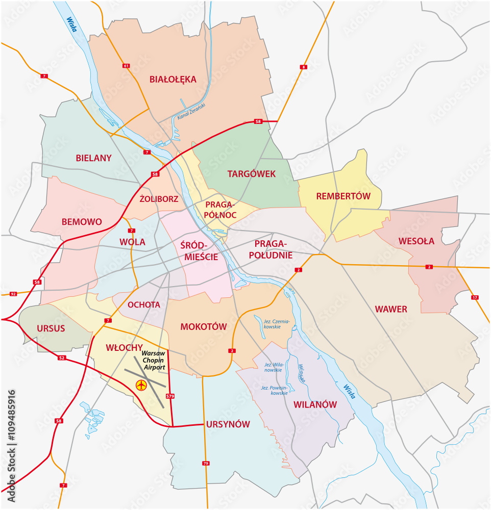 administrative and road map of capital poland, warsaw