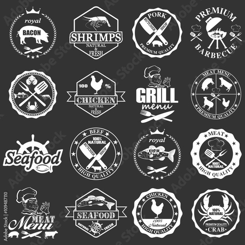 set of seafood labels and butcher shop labels. 